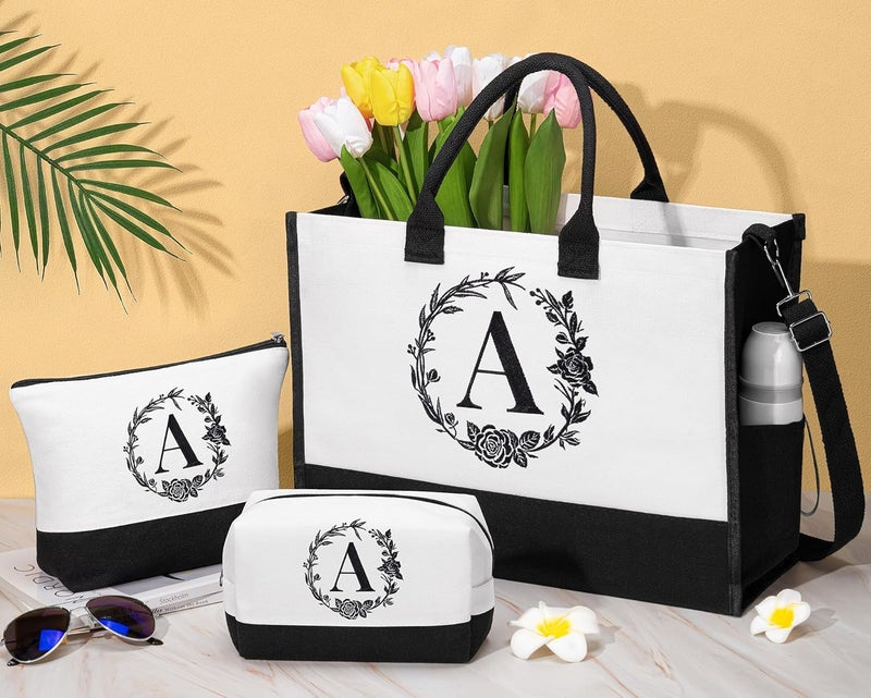 FLOE Personalized Gifts for Women, Initial Canvas Tote Bag & Makeup Bag Monogrammed Beach Tote Bags for Women w/Zipper, Valentines Day Birthday Gifts for Her Wife Girlfriend Mom Sister Best Friend Teacher - Image 2